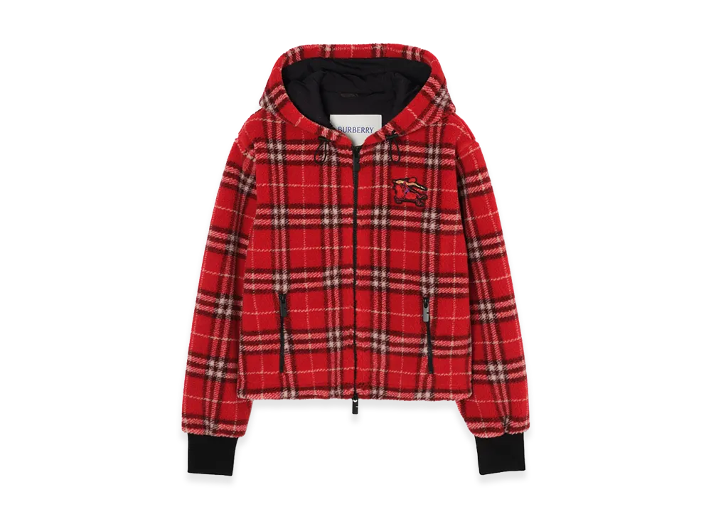 Burberry Women's Cropped Check Fleece Hooded Jacket "Crayon Red"