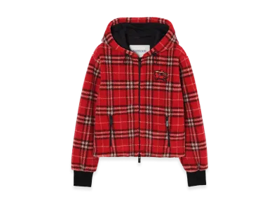 Burberry Women's Cropped Check Fleece Hooded Jacket "Crayon Red"