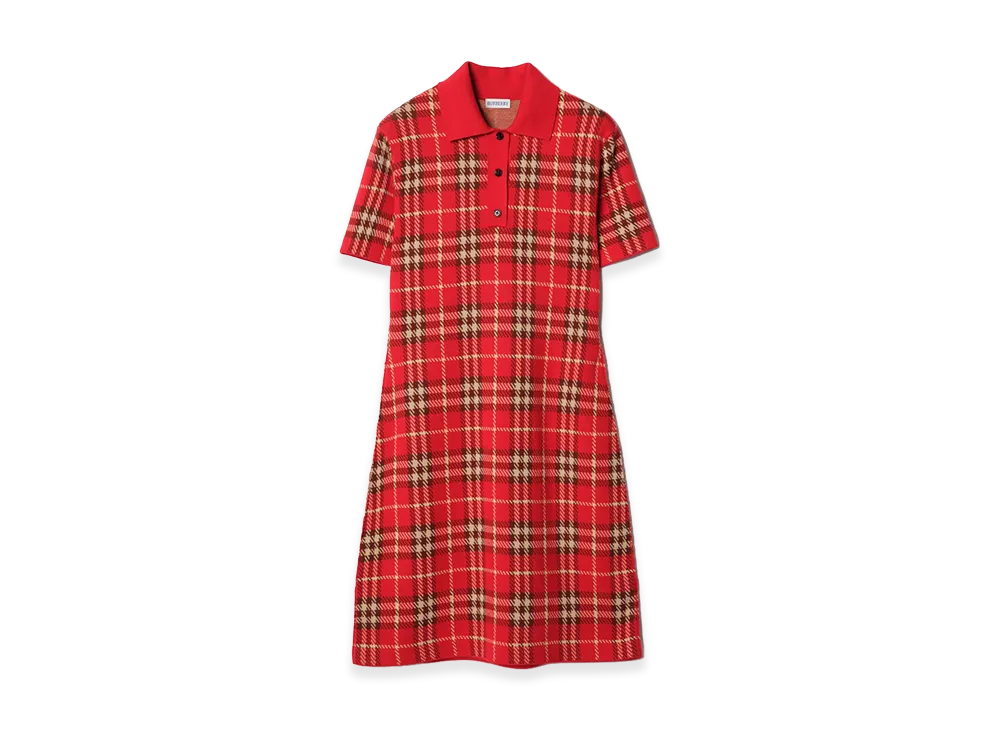 Burberry Women's Check Wool Cotton Polo Shirt Dress "Crayon Red"