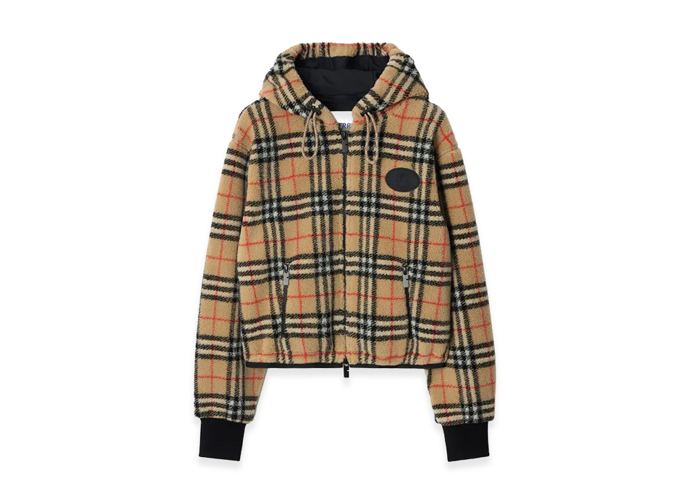 Burberry Women's Cropped Check Fleece Hooded Jacket "Sand Beige"