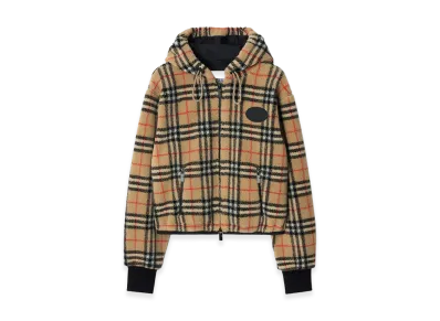Burberry Women's Cropped Check Fleece Hooded Jacket "Sand Beige"