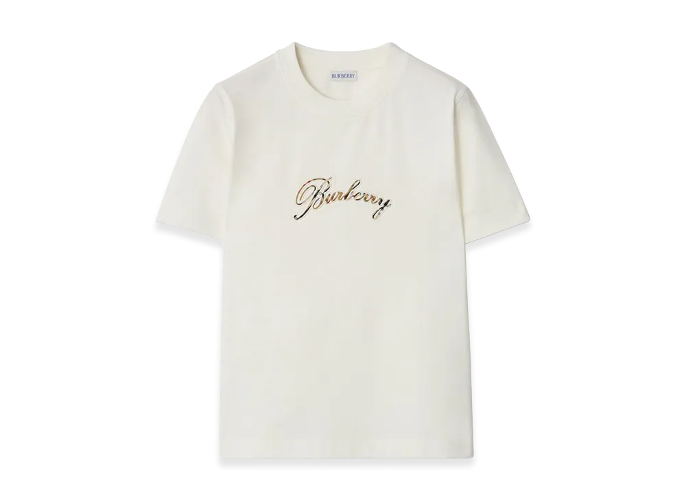 Burberry Women's Check Cursive Logo Cotton Tee "Chalk White"