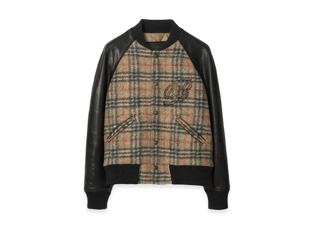 Burberry Check Wool & Leather Bomber Jacket "Sand Beige"