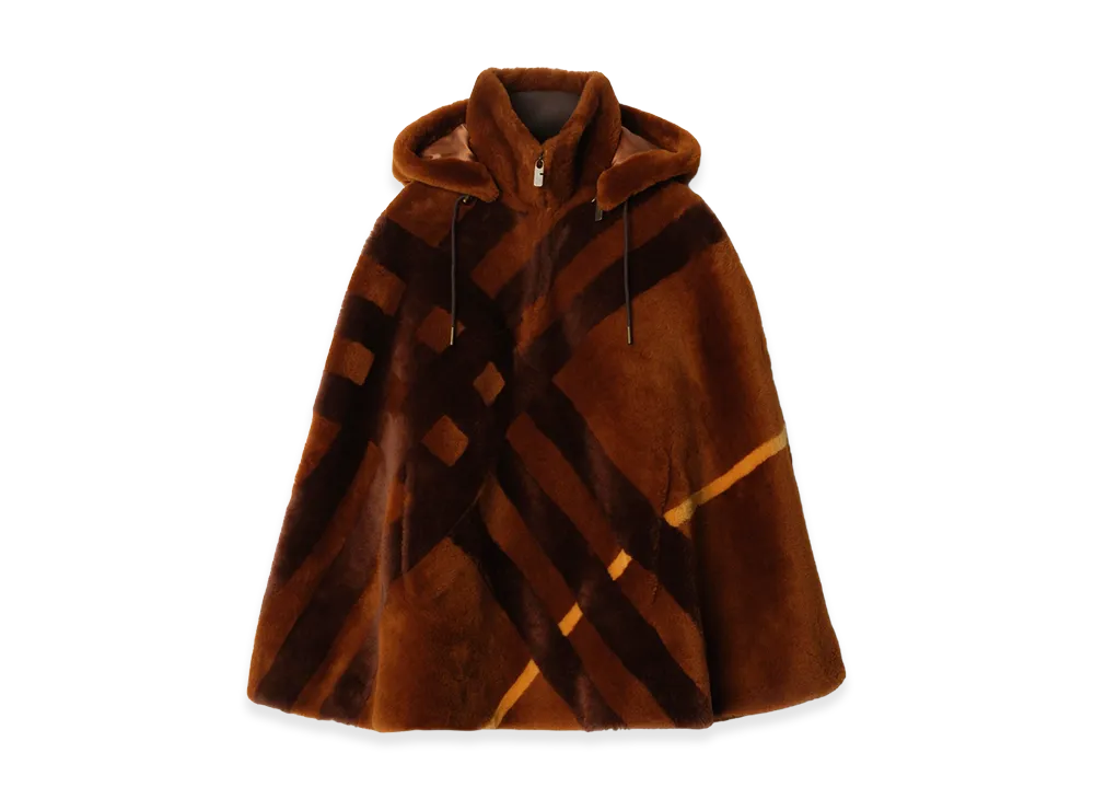 Burberry Women's Check Intarsia Shearling Cape "Ginger Brown"