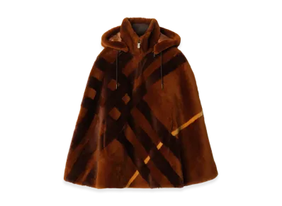 Burberry Women's Check Intarsia Shearling Cape "Ginger Brown"