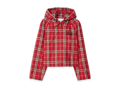 Burberry Women's Cropped Check Newcott Hooded Jacket "Crayon Red"