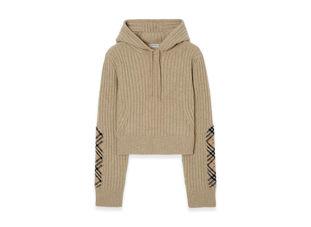 Burberry Women's Check Patch Wool Cashmere Hoodie "Light Brown Melange"