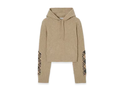 Burberry Women's Check Patch Wool Cashmere Hoodie "Light Brown Melange"