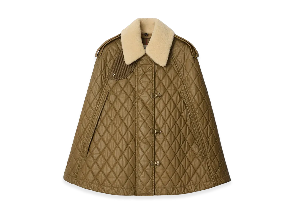 Burberry Women's Shearling Collar Quilted Cotton Heath Cape "Walrus Brown/Hemlock Beige"