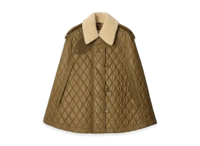 Burberry Women's Shearling Collar Quilted Cotton Heath Cape "Walrus Brown/Hemlock Beige"