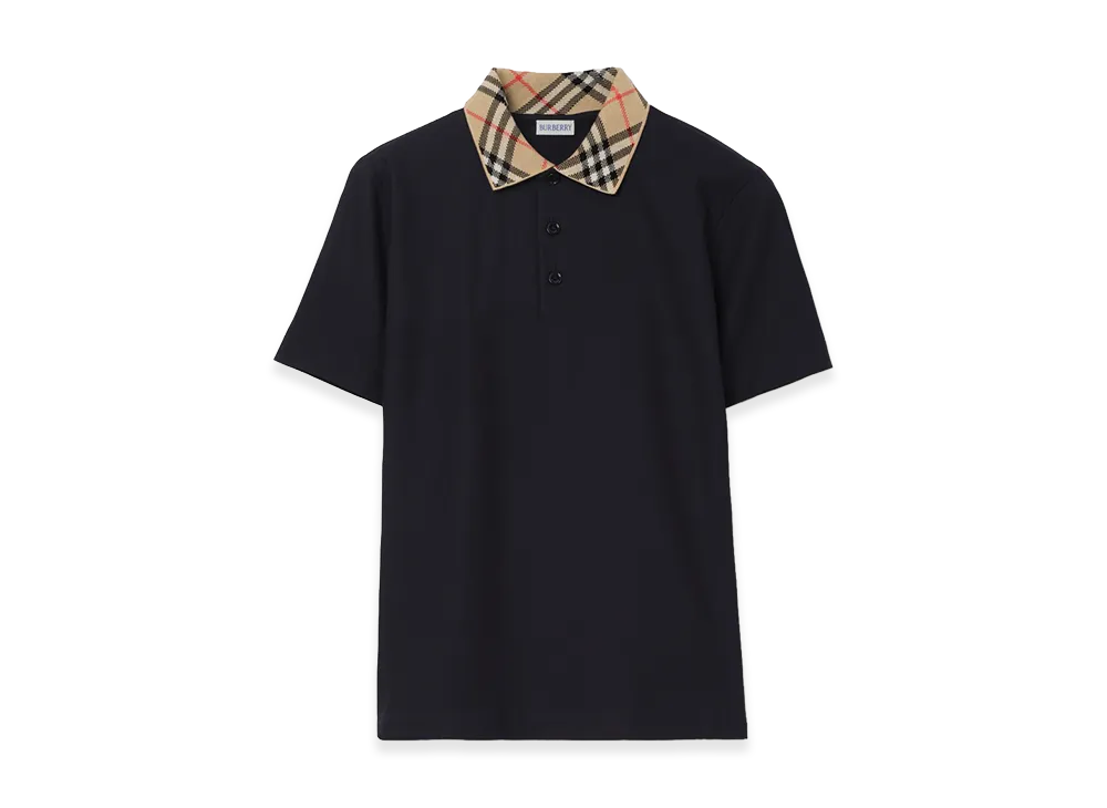 Burberry Check Collar Cotton Polo Shirt "Navy"