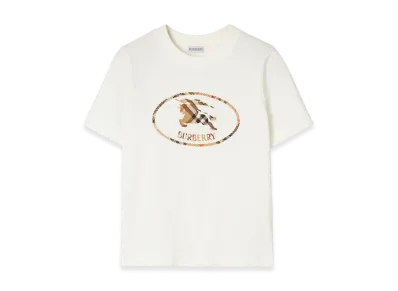 Burberry Women's Check Knight Stamp Cotton Tee "Chalk White/Sand Beige"