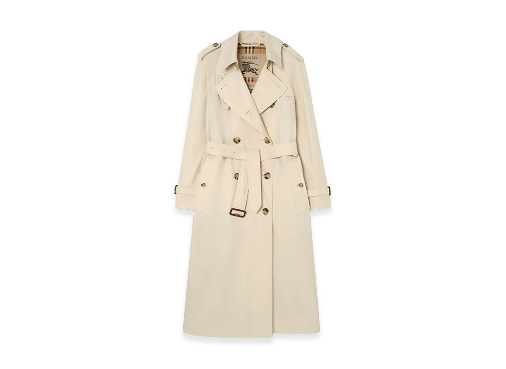 Burberry Women's Long Tropical Gabardine Waterloo Trench Coat "Stone Beige"