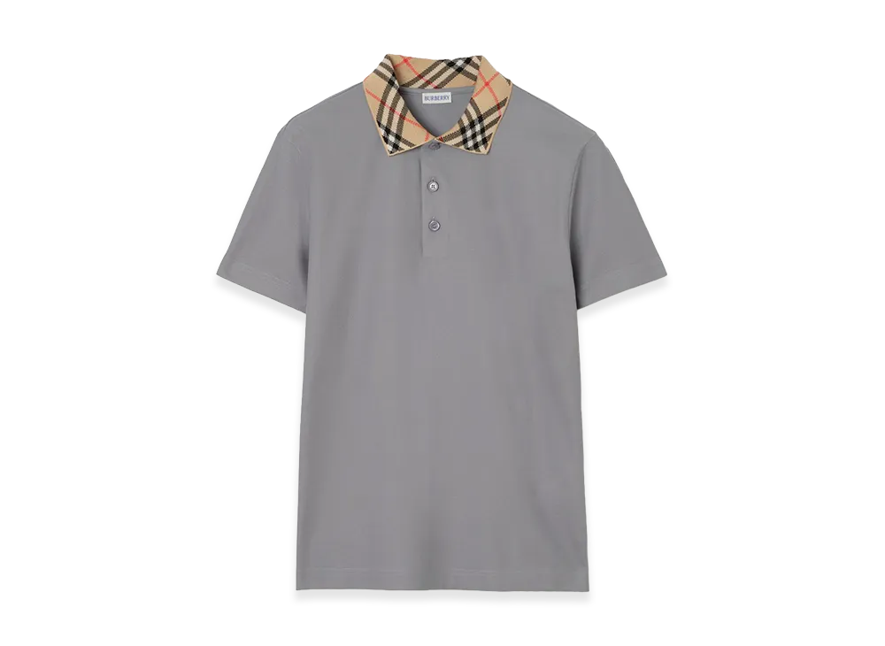 Burberry Check Collar Cotton Polo Shirt "Rainy Grey"