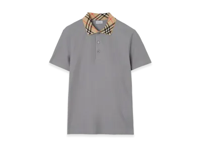 Burberry Check Collar Cotton Polo Shirt "Rainy Grey"
