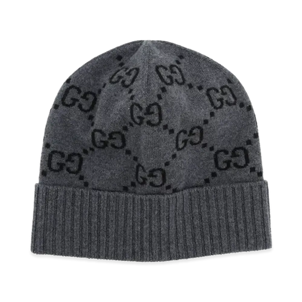 GUCCI Embroidered Cashmere Beanie Hat "Grey"