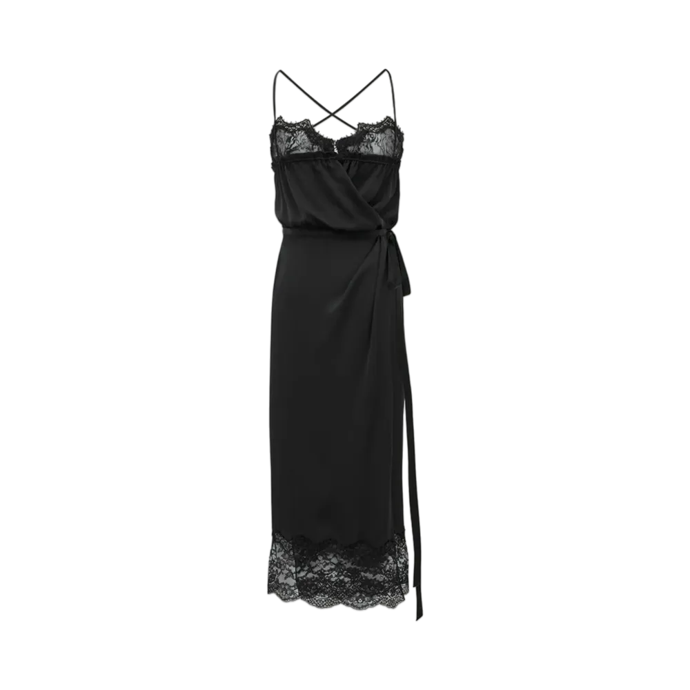 Saint Laurent Women's Wrap Dress in Silk Charmeuse and Lace "Black"