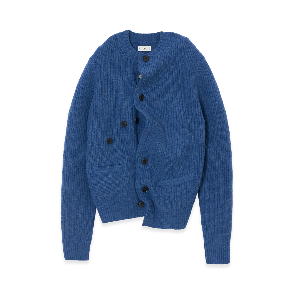 YOKE Lambs Wool Sculptural Wired Crew Neck Cardigan "Blue"