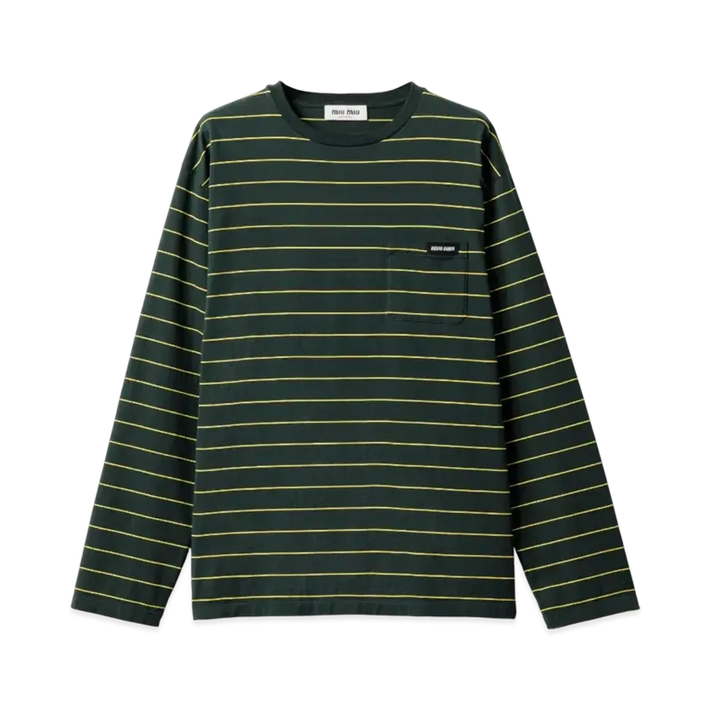 MIUMIU Women's Long-Sleeved Cotton Jersey T-Shirt "Dark Green/Yellow"