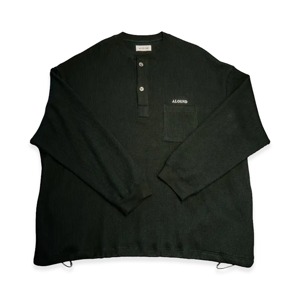 ALOUND Drawstring Waffle Henley "Black"