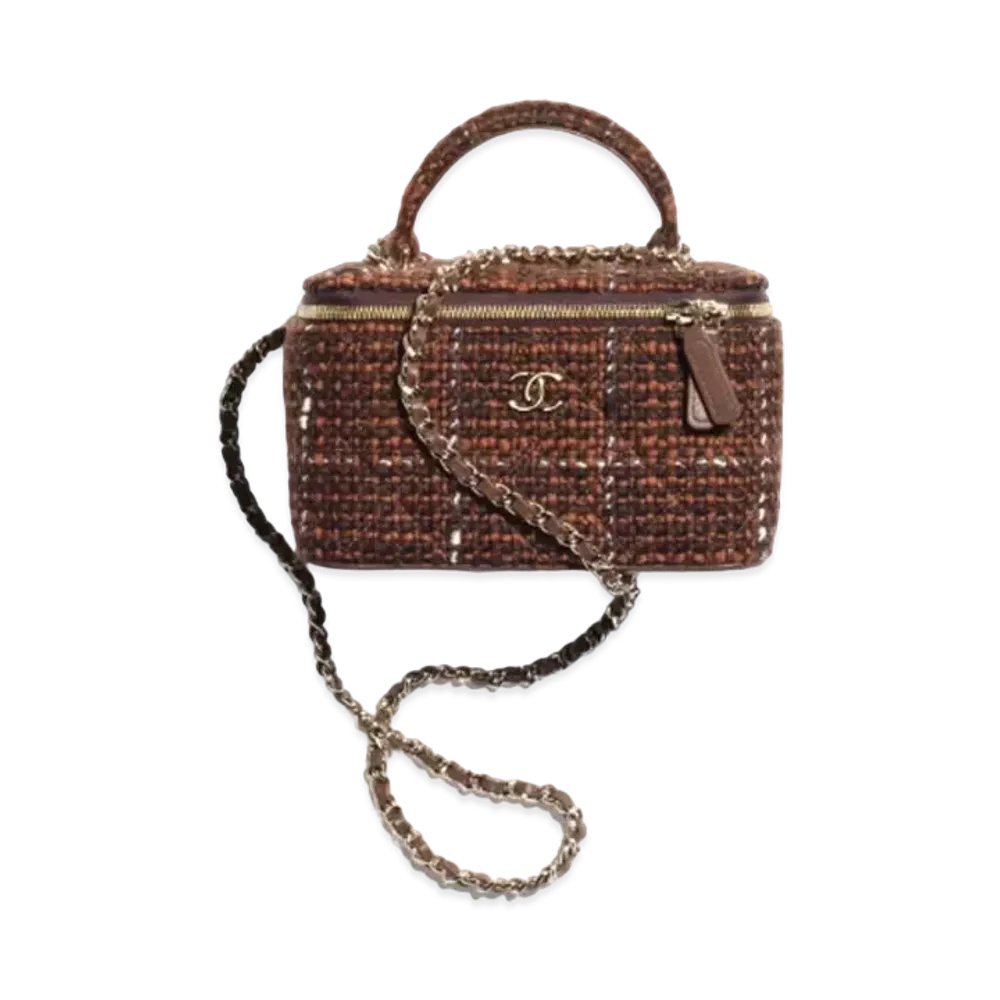 CHANEL Clutch with Chain Wool Tweed & Gold-Tone Metal "Dark Brown/Brown/White"