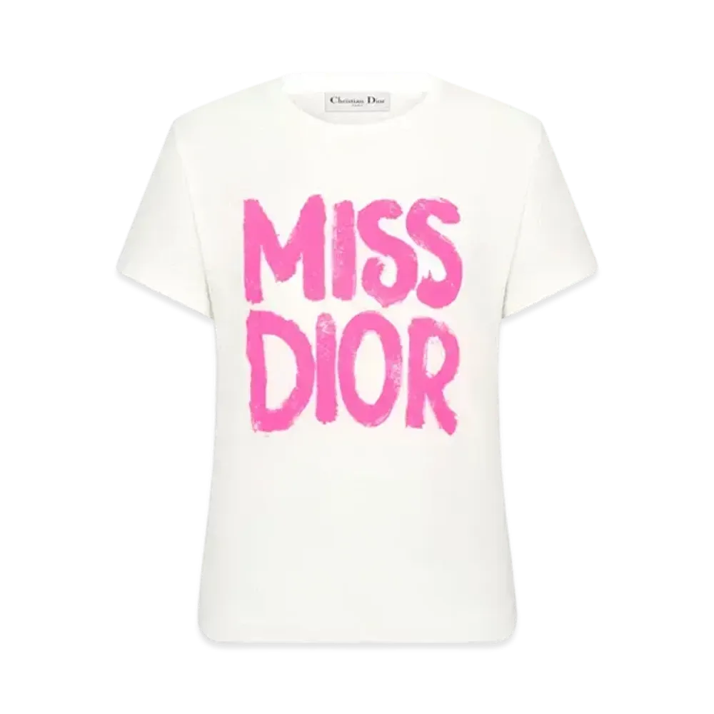Dior Miss Dior T-Shirt Cotton Jersey with Miss Dior Graffiti Motif "White/Bright Pink"