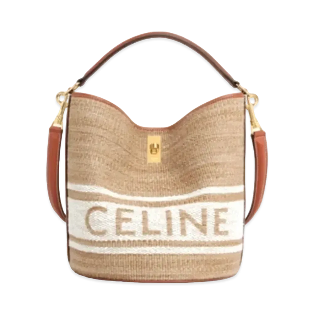CELINE Bucket 16 Bag in Textile with Celine Logo and Smooth Calfskin "Beige/Tan"