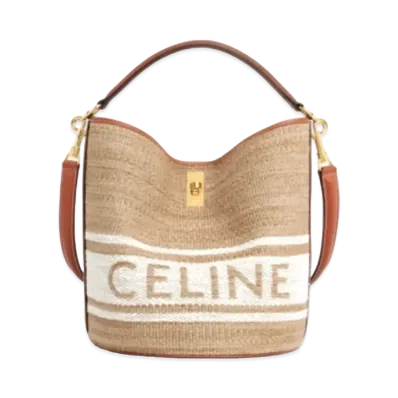 CELINE Bucket 16 Bag in Textile with Celine Logo and Smooth Calfskin "Beige/Tan"
