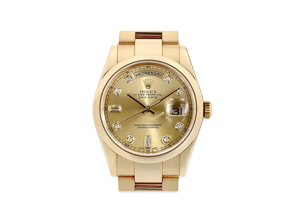 ROLEX Daydate 8P Diamonds/2P Baguette Diamonds "Champagne/Yellow Gold"