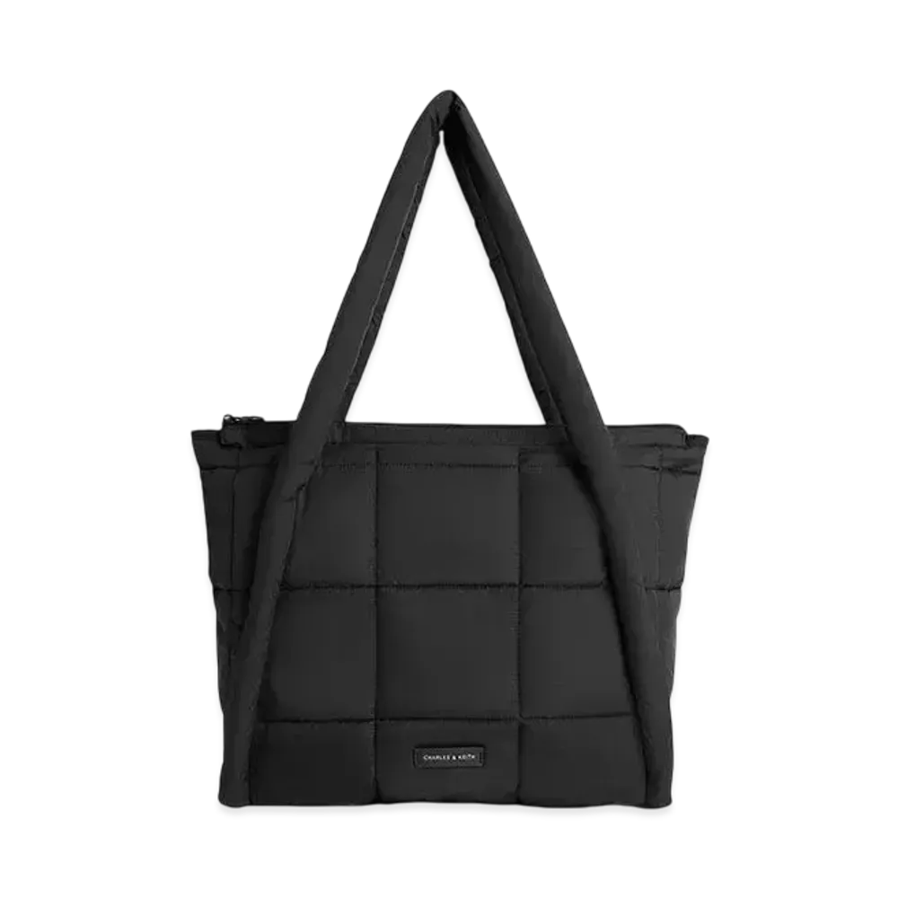 CHARLES & KEITH Area Nylon Quilted Puffy Tote Bag "JetBlack"