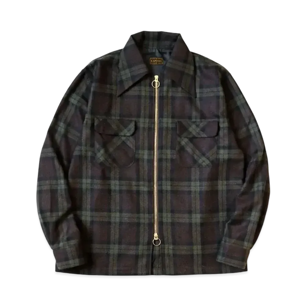 KAPITAL Wool Check Drizzle Open Collar Shirt "Khaki"