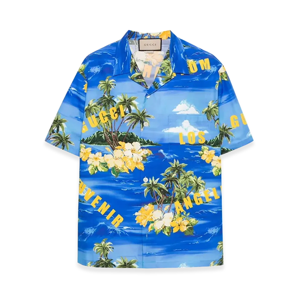 GUCCI Palm Tree Print Bowling Shirt "Blue/Multicolor"