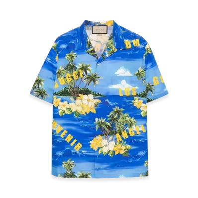 GUCCI Palm Tree Print Bowling Shirt "Blue/Multicolor"