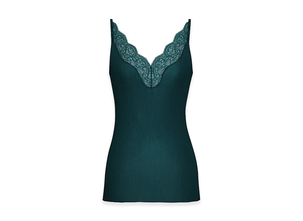 Saint Laurent Women's Ribbed Silk Tank Top With Lace Details "Green"