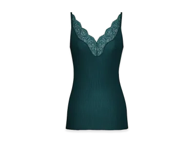 Saint Laurent Women's Ribbed Silk Tank Top With Lace Details "Green"