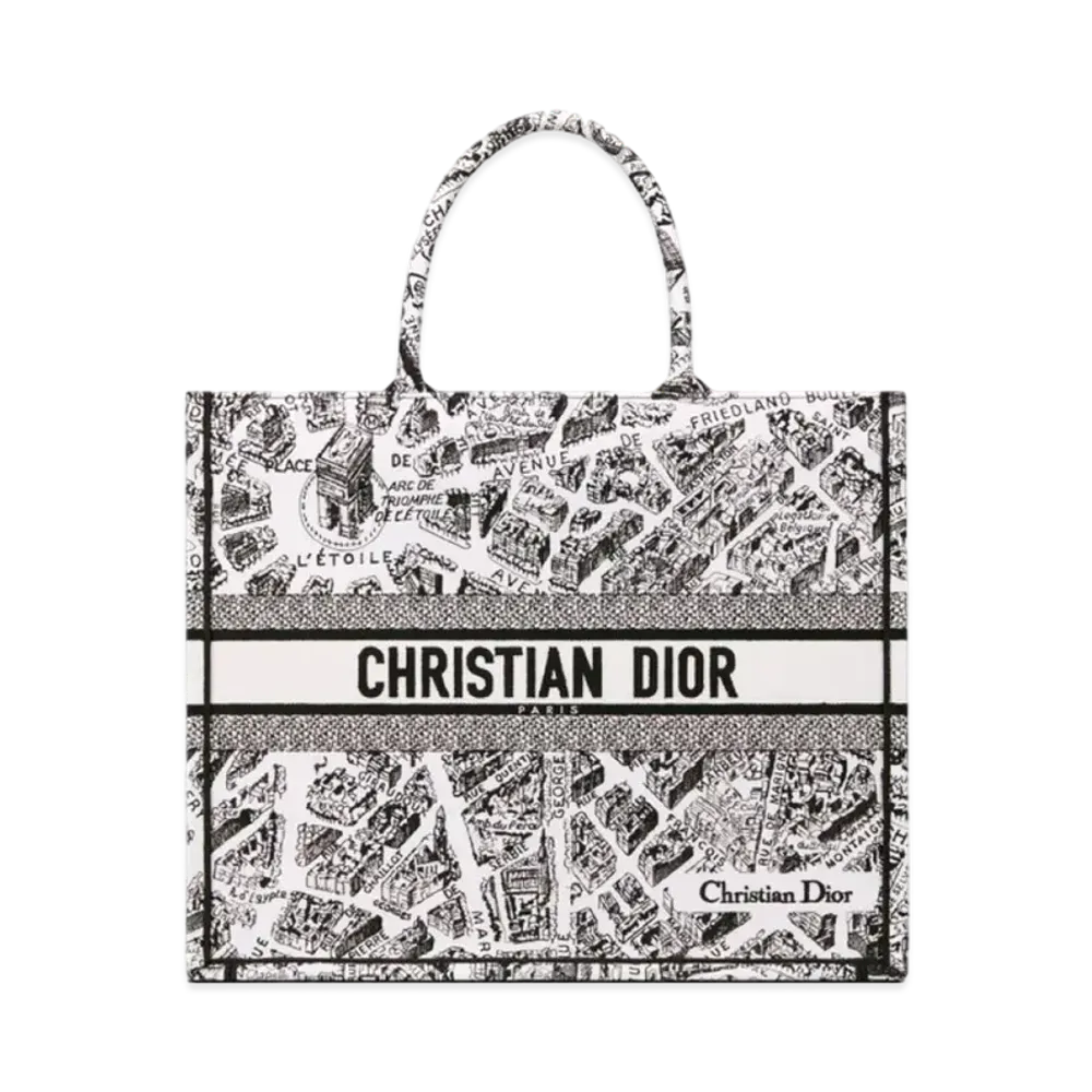 Dior Large Dior Book Tote Plan De Paris Embroidery "White/Black"