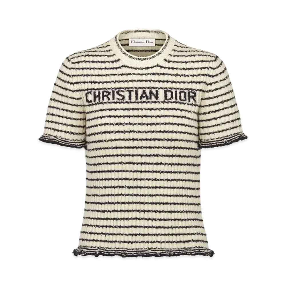 Dior Mariniere Short-Sleeved Top Ribbed Cotton Knit "Navy Blue/White"