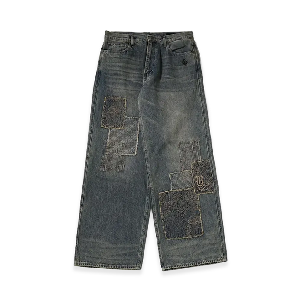 A BATHING APE Bape Black Sashiko Patchwork Jeans "Lightindi"