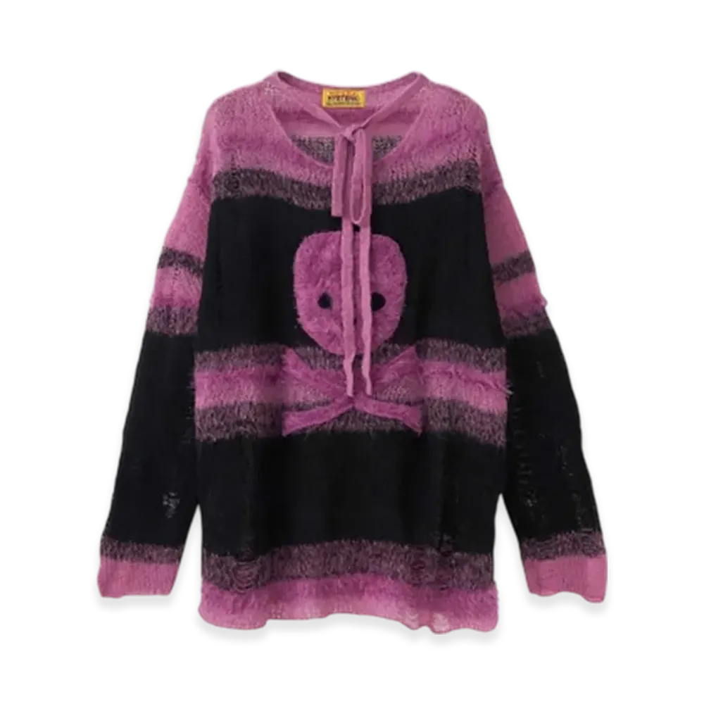 HYSTERIC GLAMOUR Skull Applique Crushed Striped Sweater "Pink"