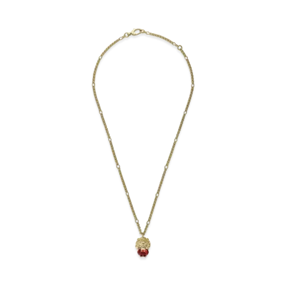 GUCCI Rhinestone Lion Head Necklace "Gold"