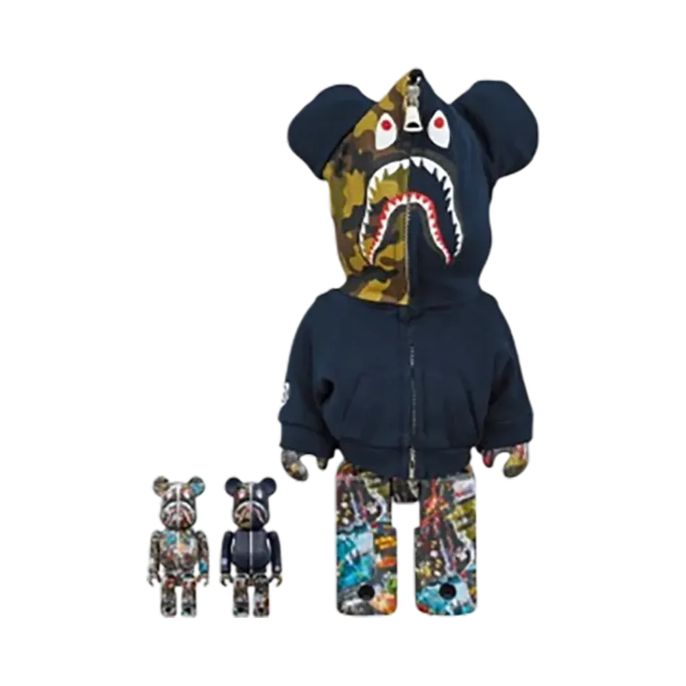 MEDICOM TOY "BEARBRICK" Bape Legacy Camo Shark Navy 100% & 400% 3 Pcs Set