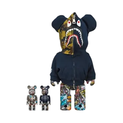 MEDICOM TOY "BEARBRICK" Bape Legacy Camo Shark Navy 100% & 400% 3 Pcs Set