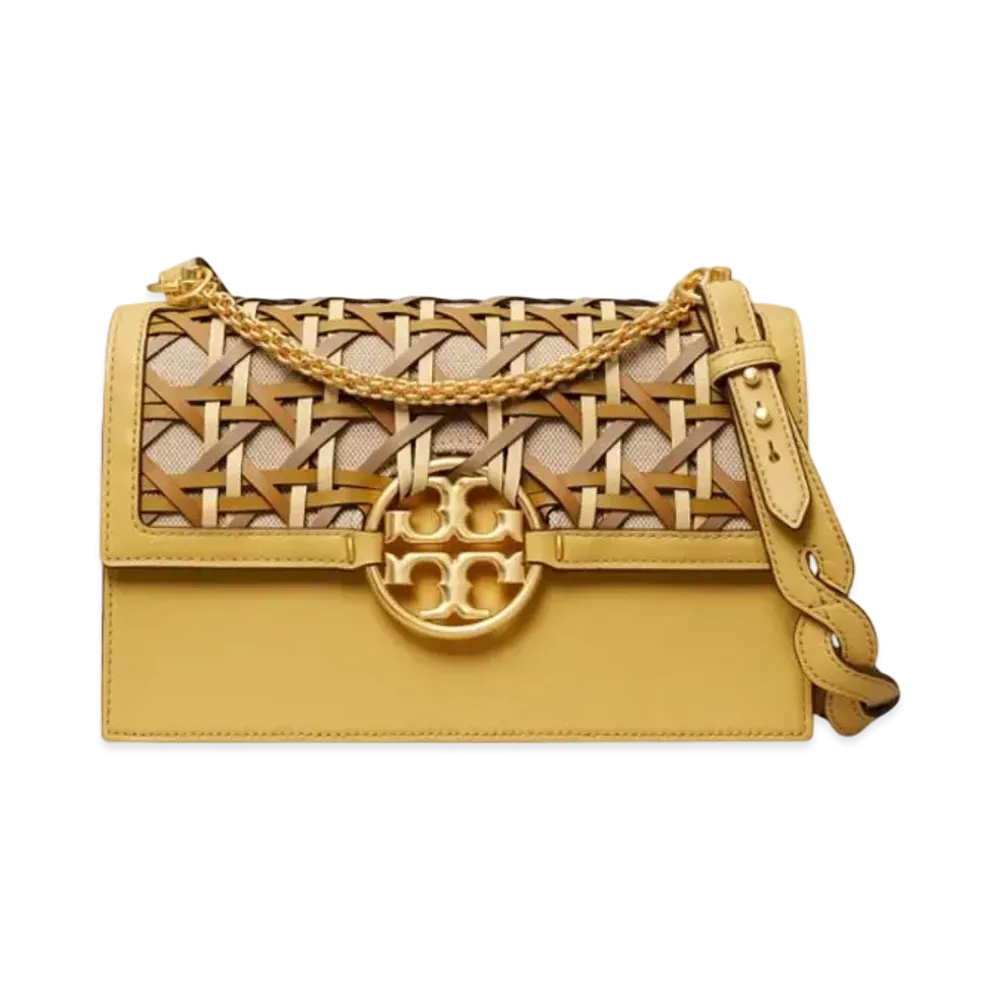 TORY BURCH Mirror basket Weave Shoulder Bag "Cornbread"