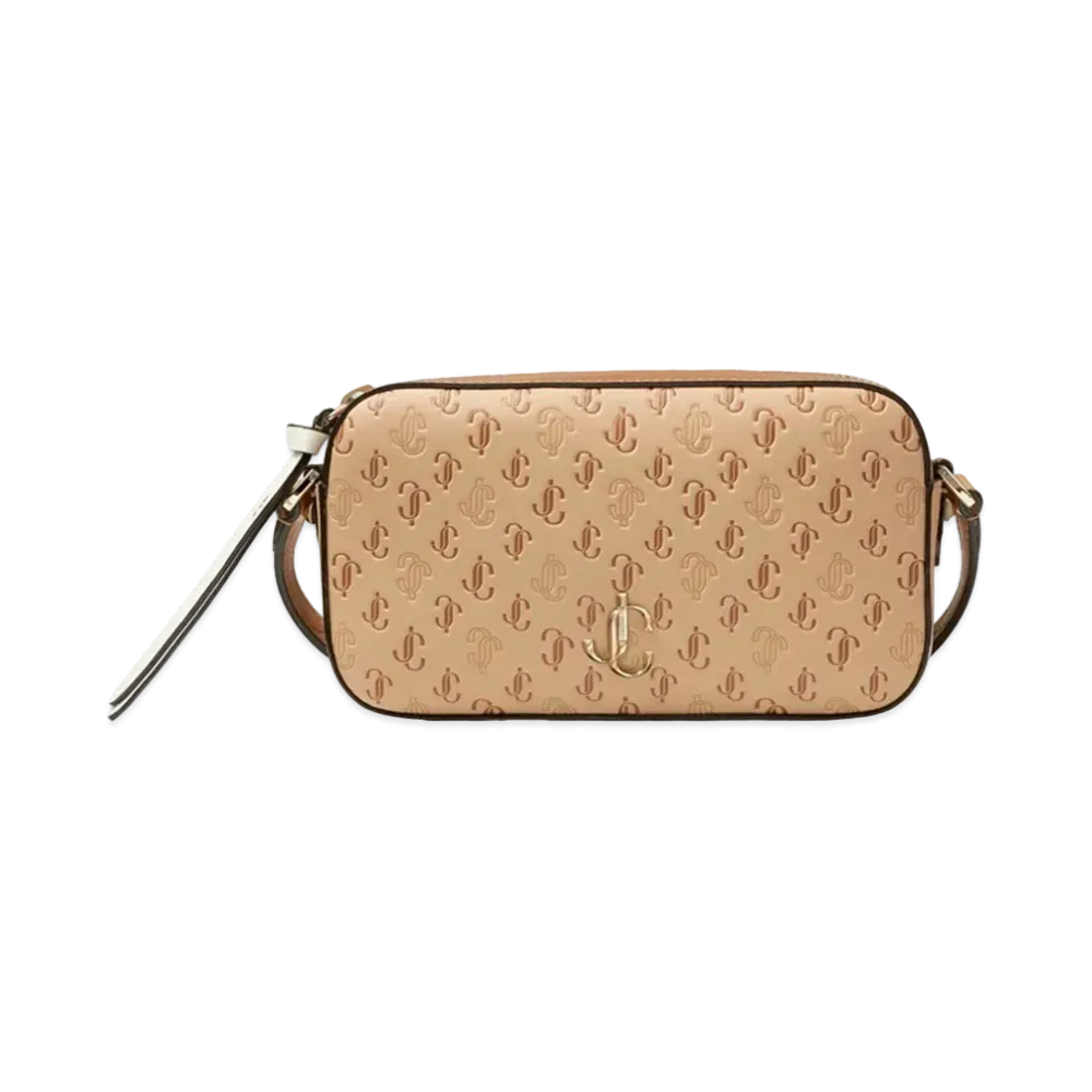 Jimmy Choo Hanne JC Logo Pattern And Leather Crossbody Bag With JC Logo "Caramel"