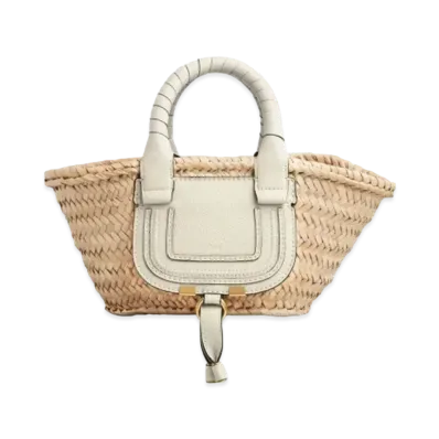 Chloe Mini Marcie Basket Bag In Hand Braided Raffia & Small Grain Calfskin "White"