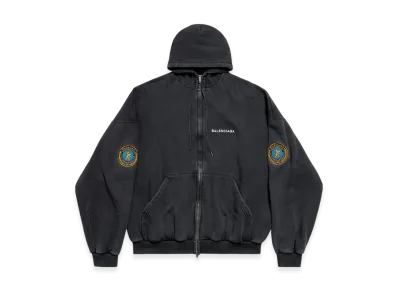BALENCIAGA Men's Uniform Patch Zip-Up Hoodie Large Fit "Fade Black"