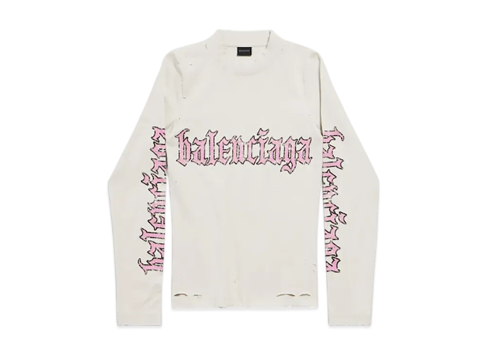 BALENCIAGA Women's Blackletter Script Fitted Long Sleeve T-Shirt "Dirty Effect White"