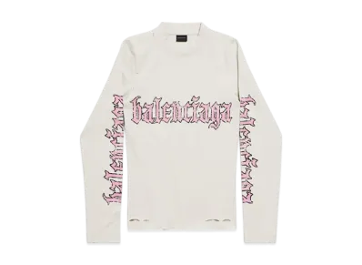 BALENCIAGA Women's Blackletter Script Fitted Long Sleeve T-Shirt "Dirty Effect White"