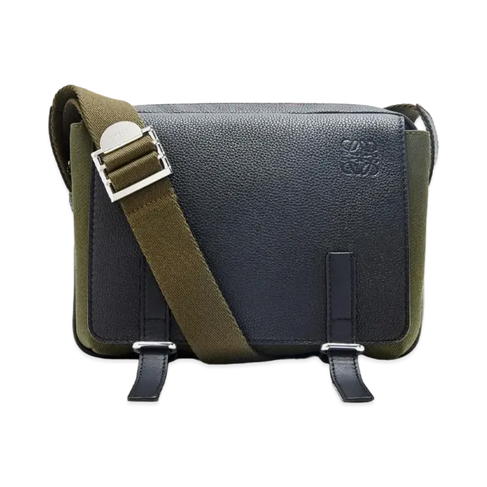 LOEWE Xs Military Messenger Bag In Soft Grained Calfskin And Canvas "Black / Forest Green"