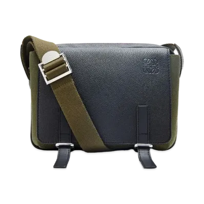 LOEWE Xs Military Messenger Bag In Soft Grained Calfskin And Canvas "Black / Forest Green"